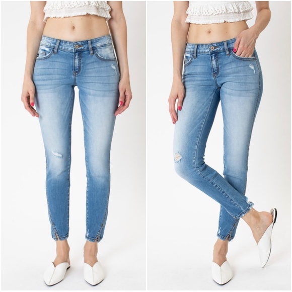 Kancan Medium Wash Distressed ankle split Skinny Denim Jeans - Picture 2 of 3